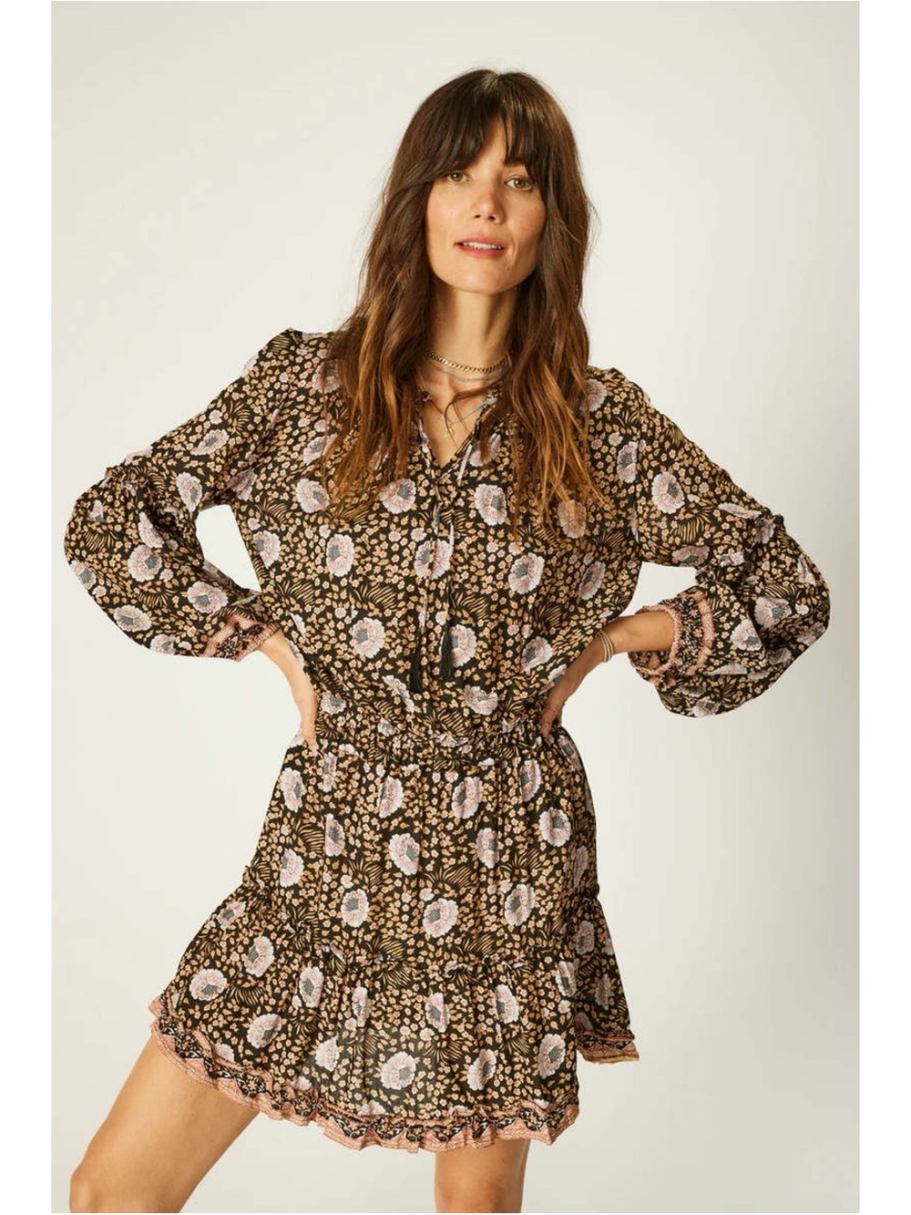 VGUC Natalie Martin Maggie Vintage Flowers Sepia Tassel Trim Dress Small Boho